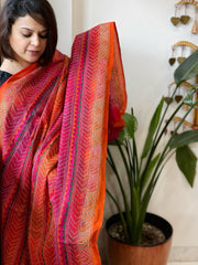 Pink, Orange Handmade Kantha Dupatta in Silk - Masakalee