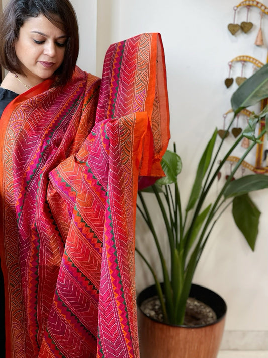 Pink, Orange Handmade Kantha Dupatta in Silk - Masakalee