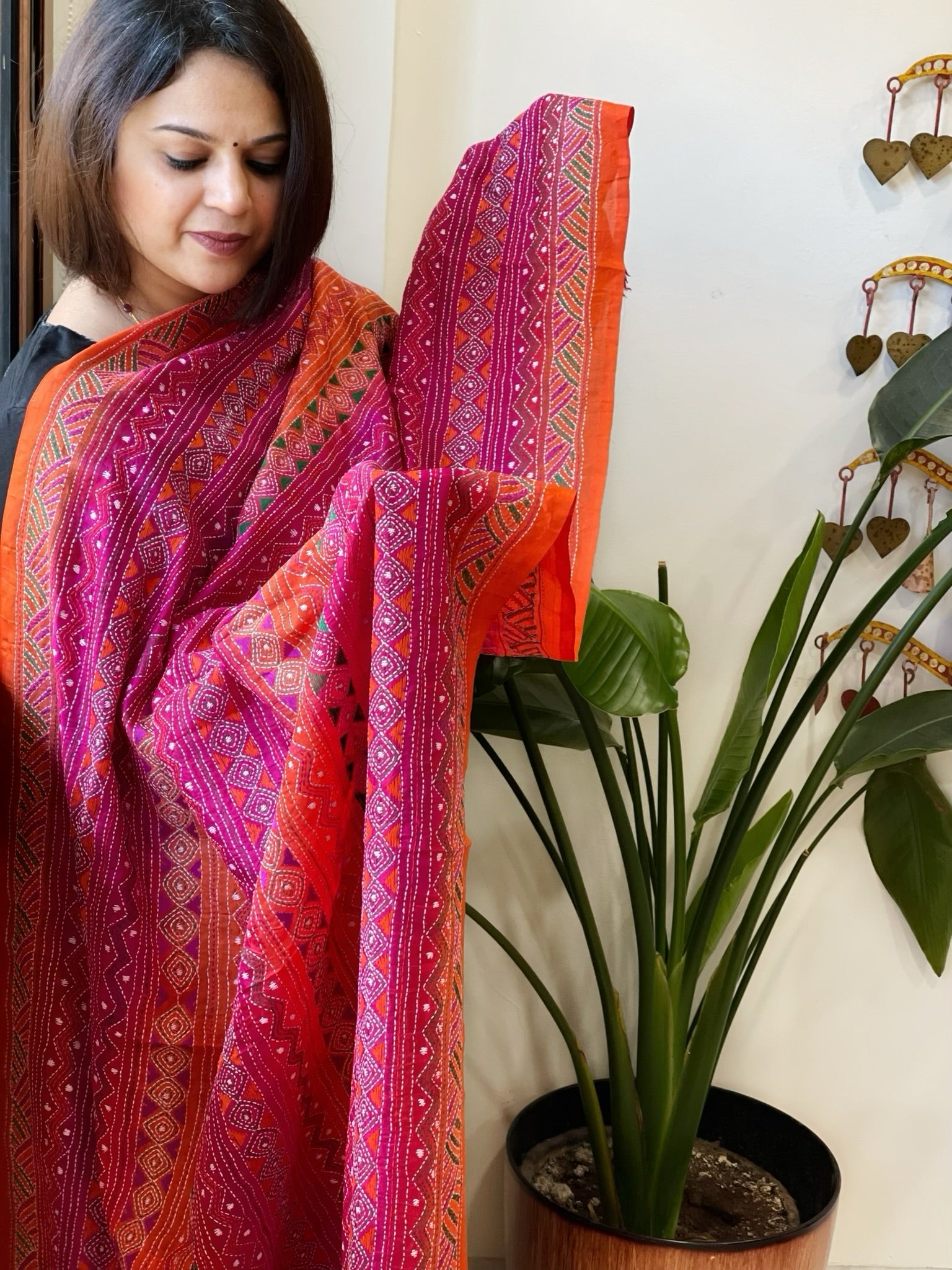 Pink, Orange Handmade Kantha Dupatta in Silk - Masakalee