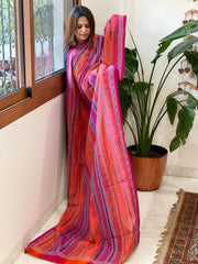Pink, Orange Handmade Kantha Dupatta in Silk - Masakalee