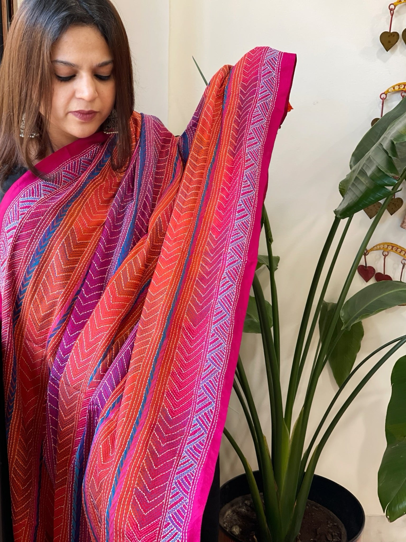 Pink, Orange Handmade Kantha Dupatta in Silk - Masakalee