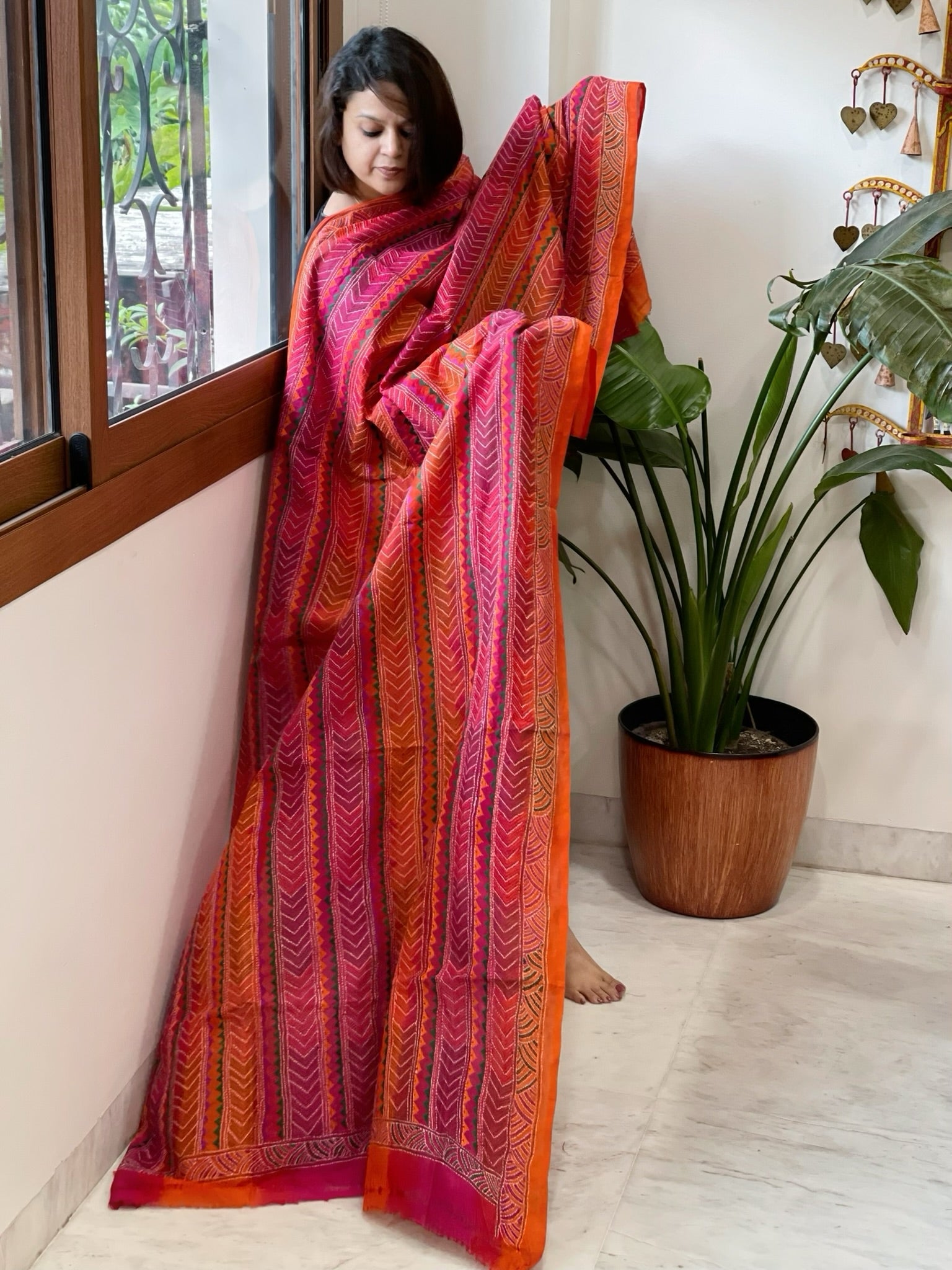 Pink, Orange Handmade Kantha Dupatta in Silk - Masakalee