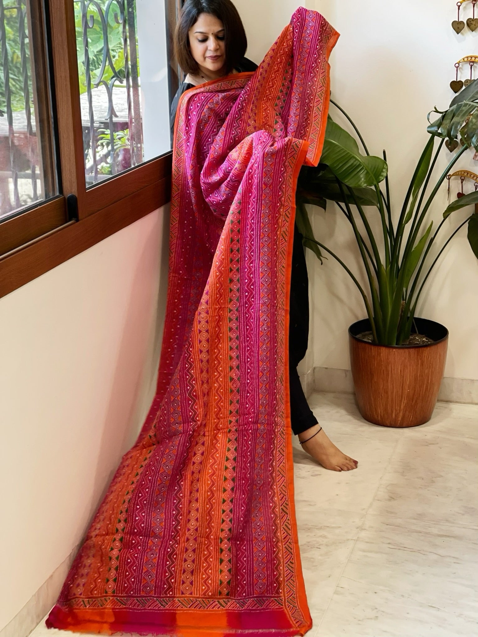 Pink, Orange Handmade Kantha Dupatta in Silk - Masakalee