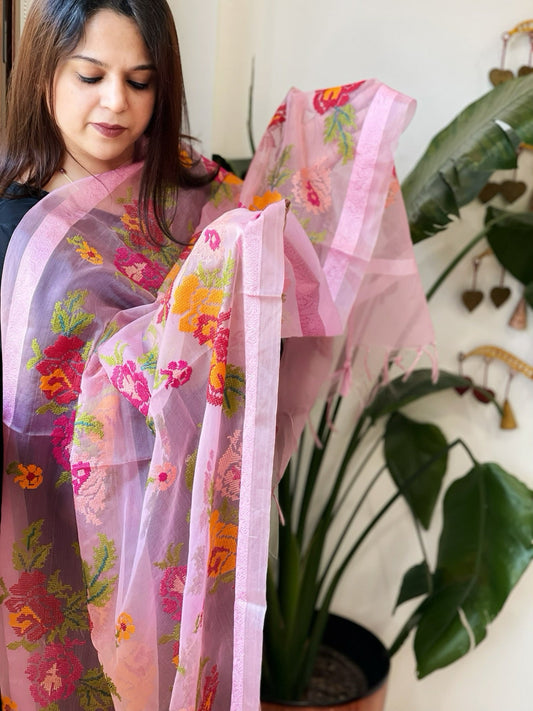 Pink Organza Dupatta with cross - stitch embroidery - Masakalee