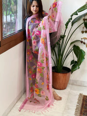 Pink Organza Dupatta with cross - stitch embroidery - Masakalee