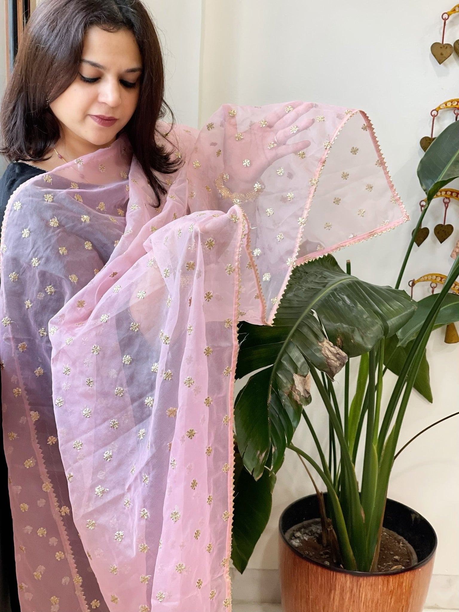 Pink Organza Dupatta with Pitta Work Butas and Gota Lace Border - Masakalee
