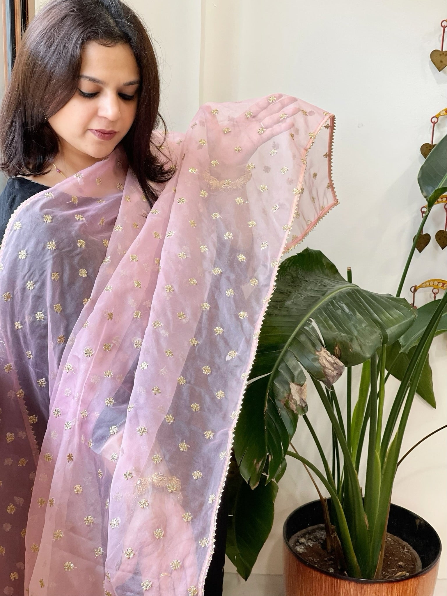 Pink Organza Dupatta with Pitta Work Butas and Gota Lace Border - Masakalee