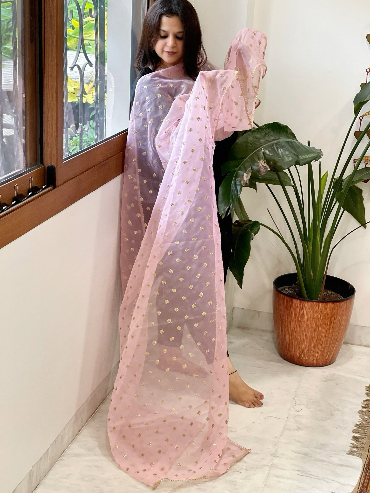 Pink Organza Dupatta with Pitta Work Butas and Gota Lace Border - Masakalee