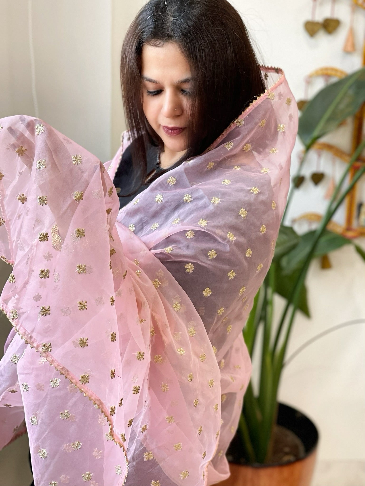 Pink Organza Dupatta with Pitta Work Butas and Gota Lace Border - Masakalee