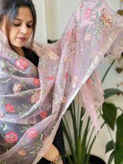 Pink Organza Dupatta with Thread Embroidery - Masakalee