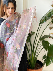 Pink Organza Dupatta with Thread Embroidery - Masakalee