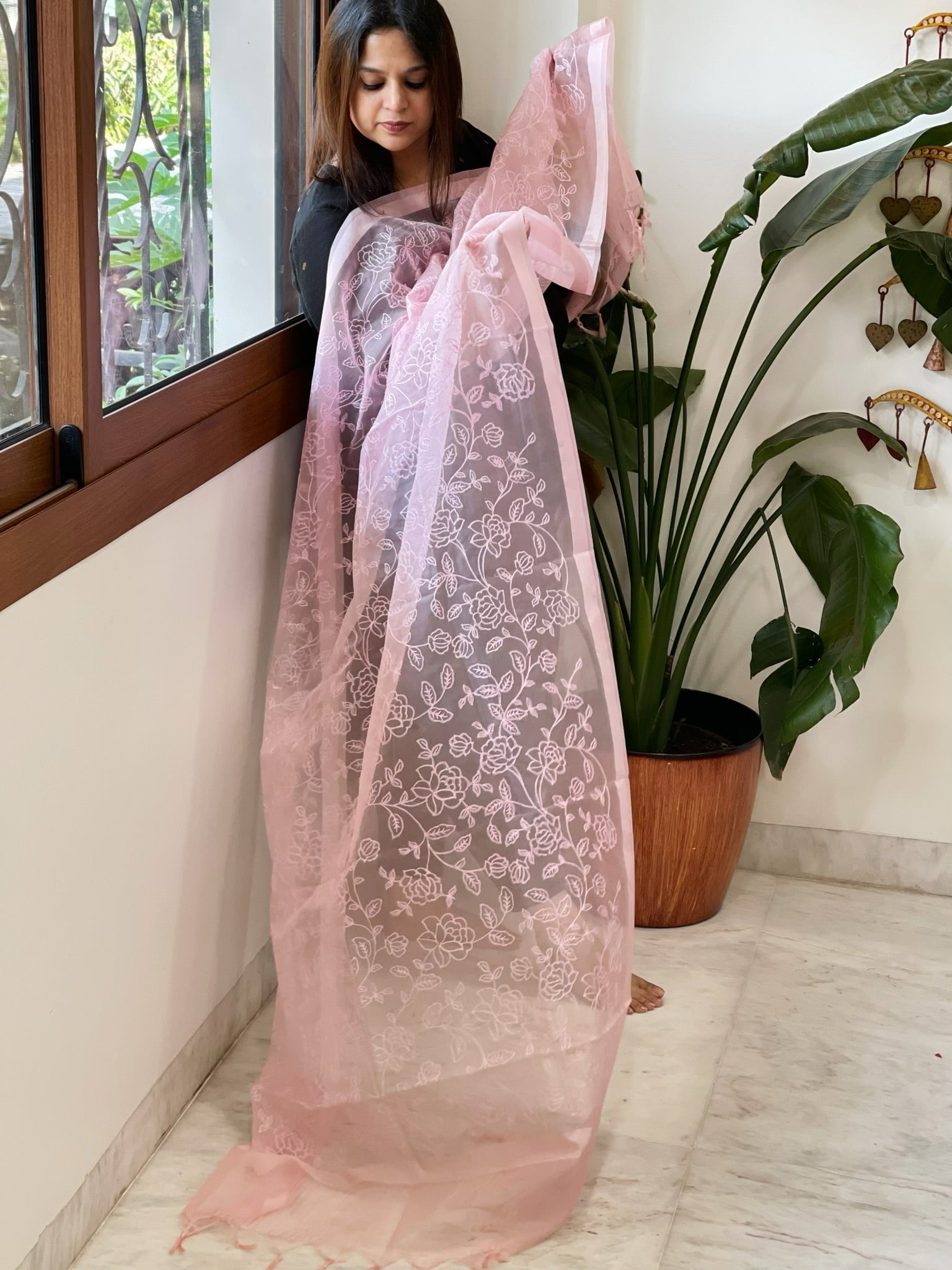 Pink Organza Dupatta with Thread Jaal Embroidery - Masakalee