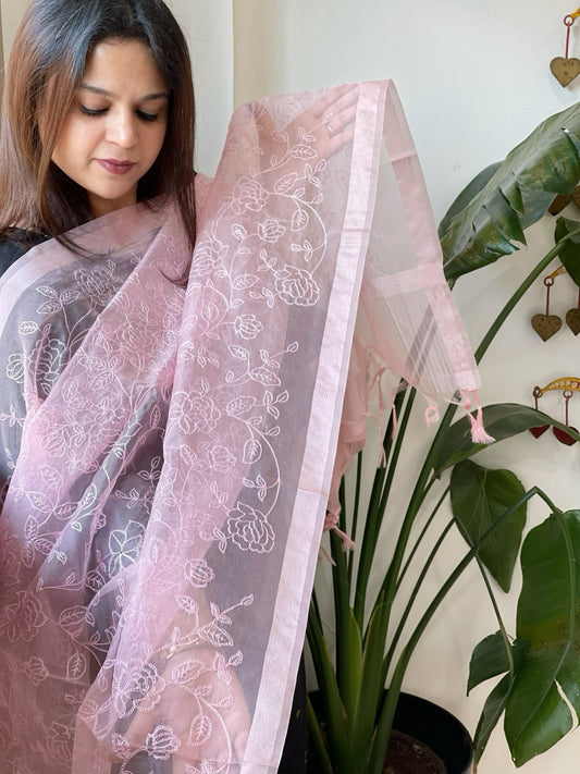 Pink Organza Dupatta with Thread Jaal Embroidery - Masakalee