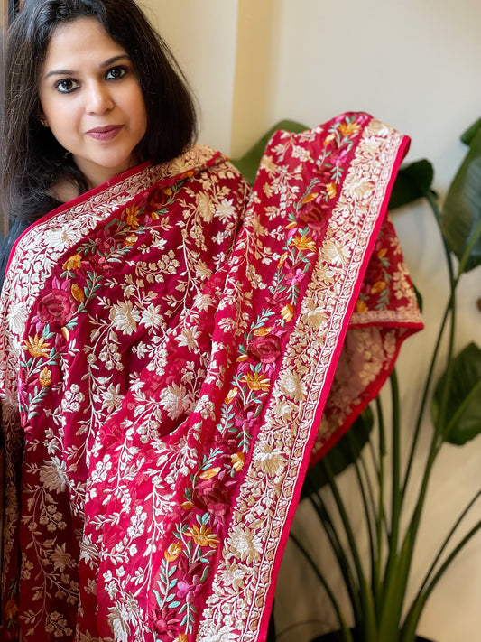Pink Parsi Gara Embroidery Dupatta in Georgette - Masakalee