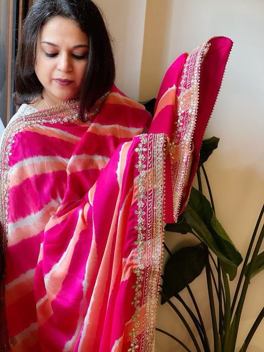 Pink, Peach Handmade Leheriya Dupatta with Gotapatti and Pearl Handwork in Pure Gajji Silk - Masakalee
