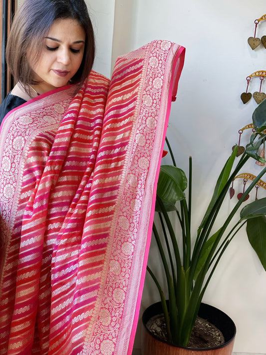 Pink, Peach Handwoven Banarasi Rangkhat Dupatta in Pure Georgette - Masakalee