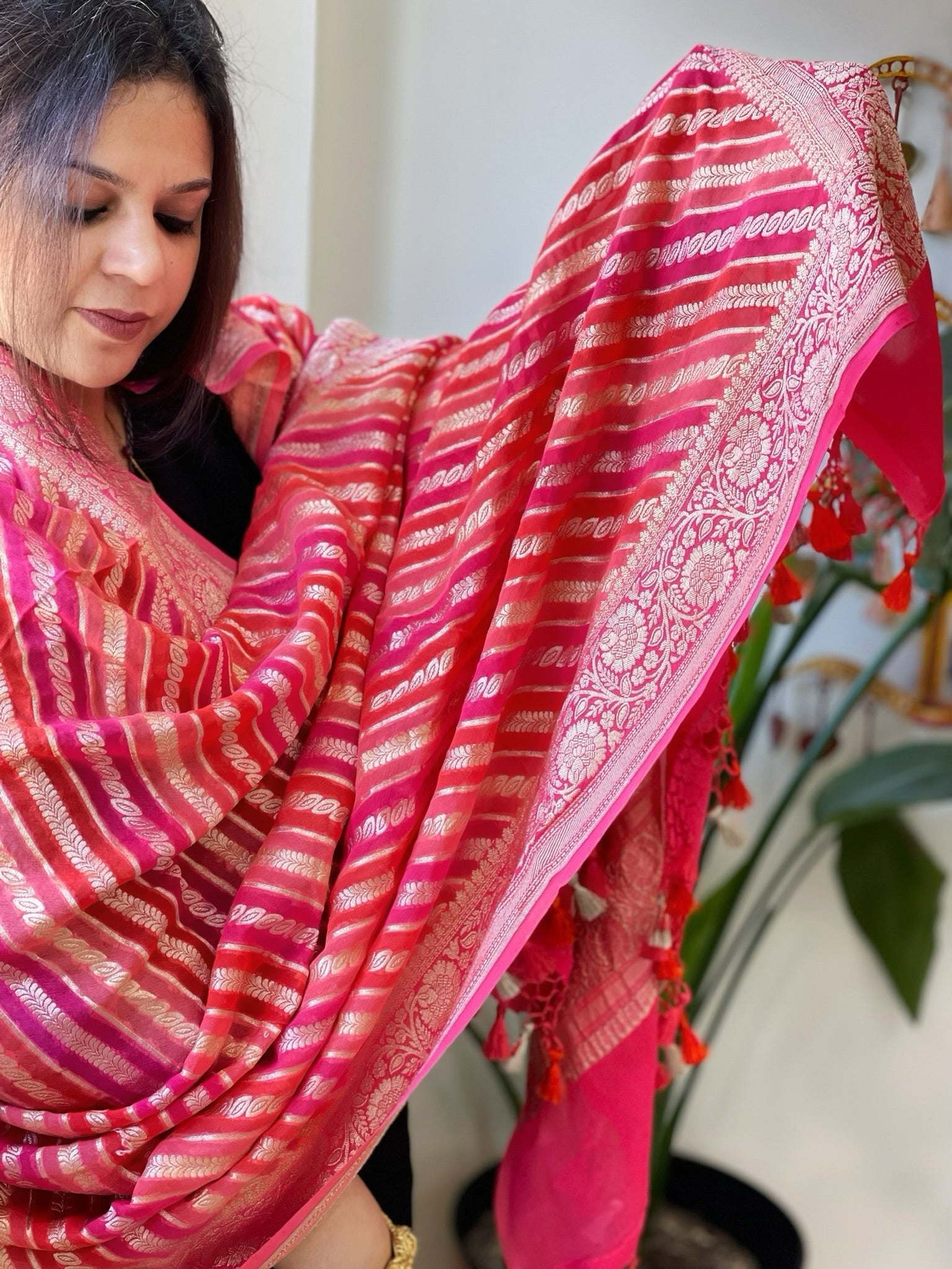 Pink, Peach Handwoven Banarasi Rangkhat Dupatta in Pure Georgette - Masakalee