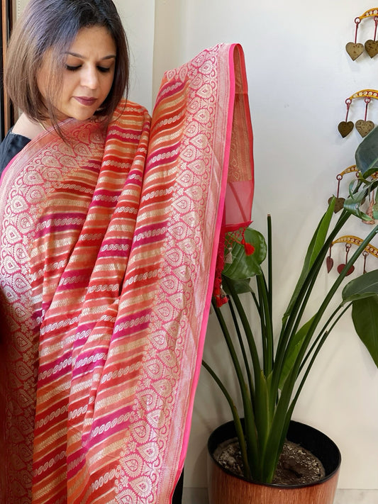 Pink, Peach Handwoven Banarasi Rangkhat Dupatta in Pure Georgette - Masakalee