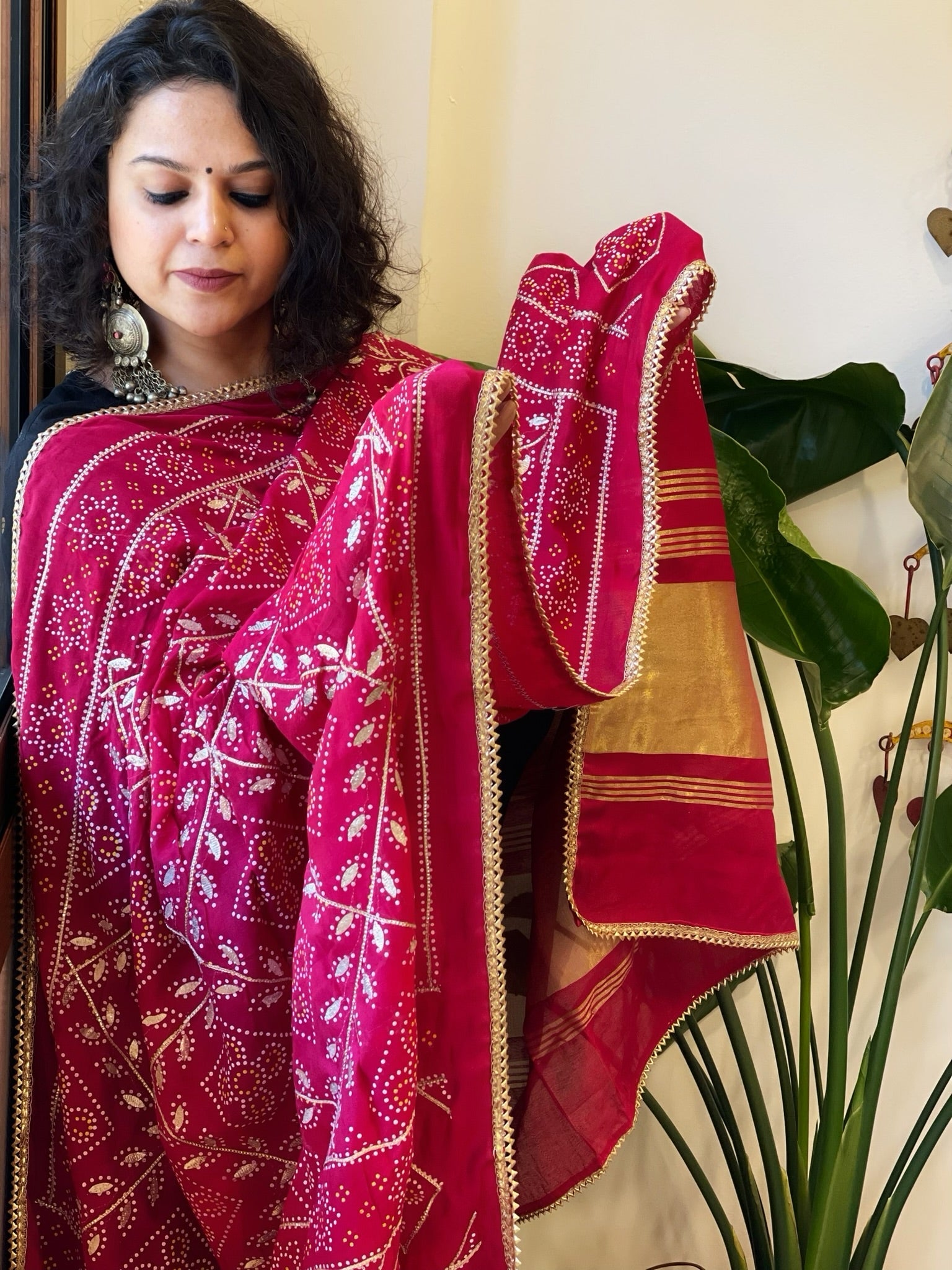Pink Printed Bandhej Chanderi Dupatta with Leather Gotapatti Work - Masakalee