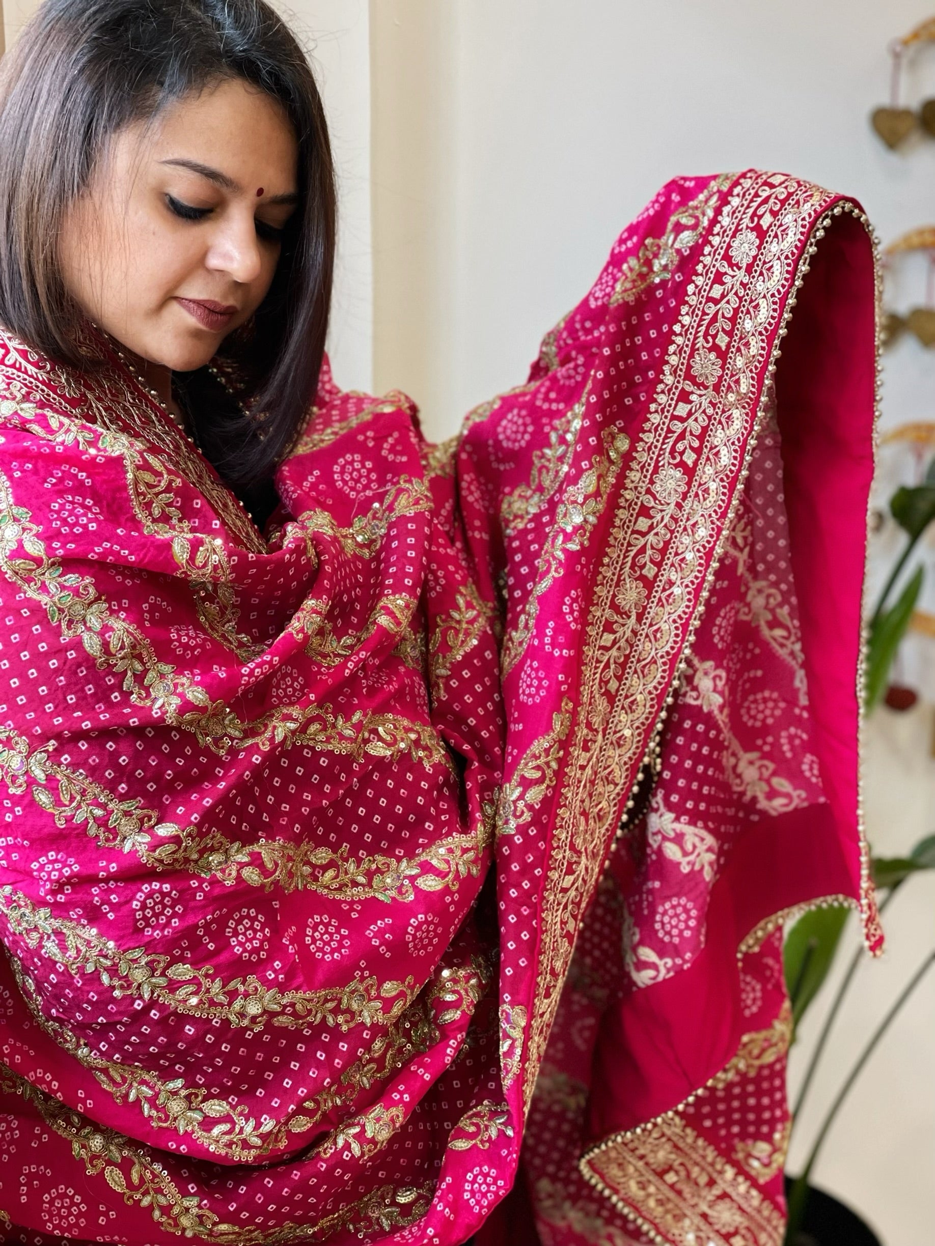 Pink Printed Bandhej Dupatta in Chinon with Gold Thread and Sequin Work - Masakalee