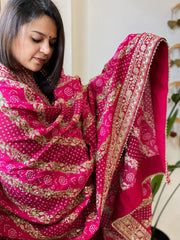 Pink Printed Bandhej Dupatta in Chinon with Gold Thread and Sequin Work - Masakalee