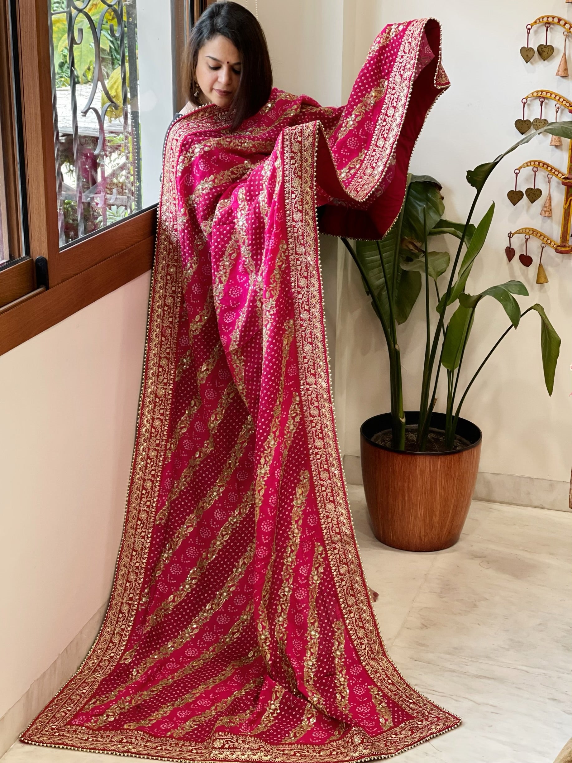 Pink Printed Bandhej Dupatta in Chinon with Gold Thread and Sequin Work - Masakalee