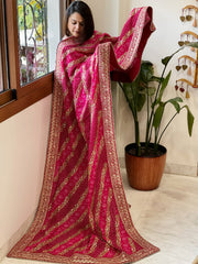 Pink Printed Bandhej Dupatta in Chinon with Gold Thread and Sequin Work - Masakalee
