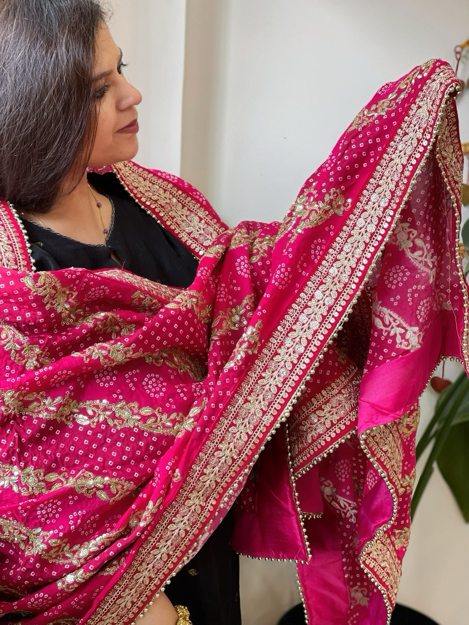 Pink Printed Bandhej Dupatta in Chinon with Gold Thread and Sequin Work - Masakalee