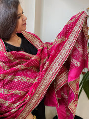 Pink Printed Bandhej Dupatta in Chinon with Gold Thread and Sequin Work - Masakalee