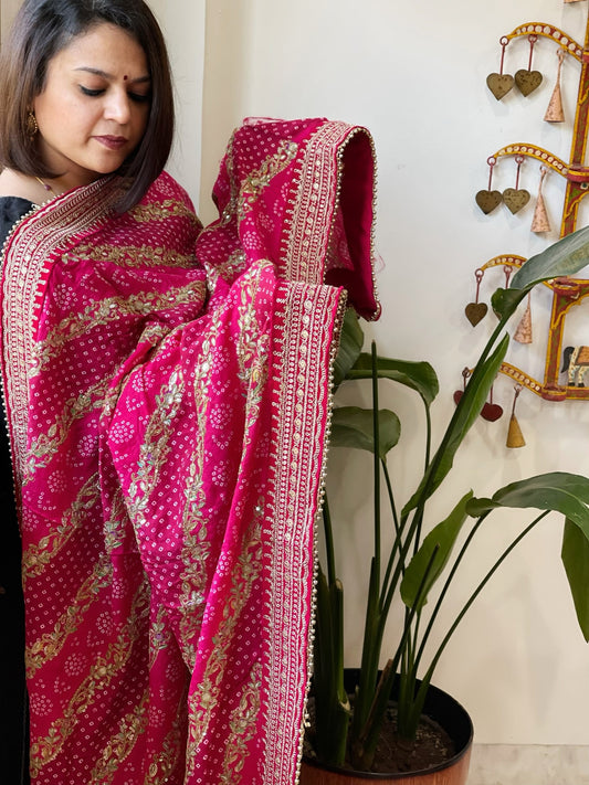 Pink Printed Bandhej Dupatta in Chinon with Gold Thread and Sequin Work - Masakalee