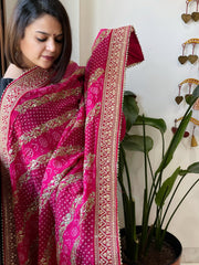 Pink Printed Bandhej Dupatta in Chinon with Gold Thread and Sequin Work - Masakalee