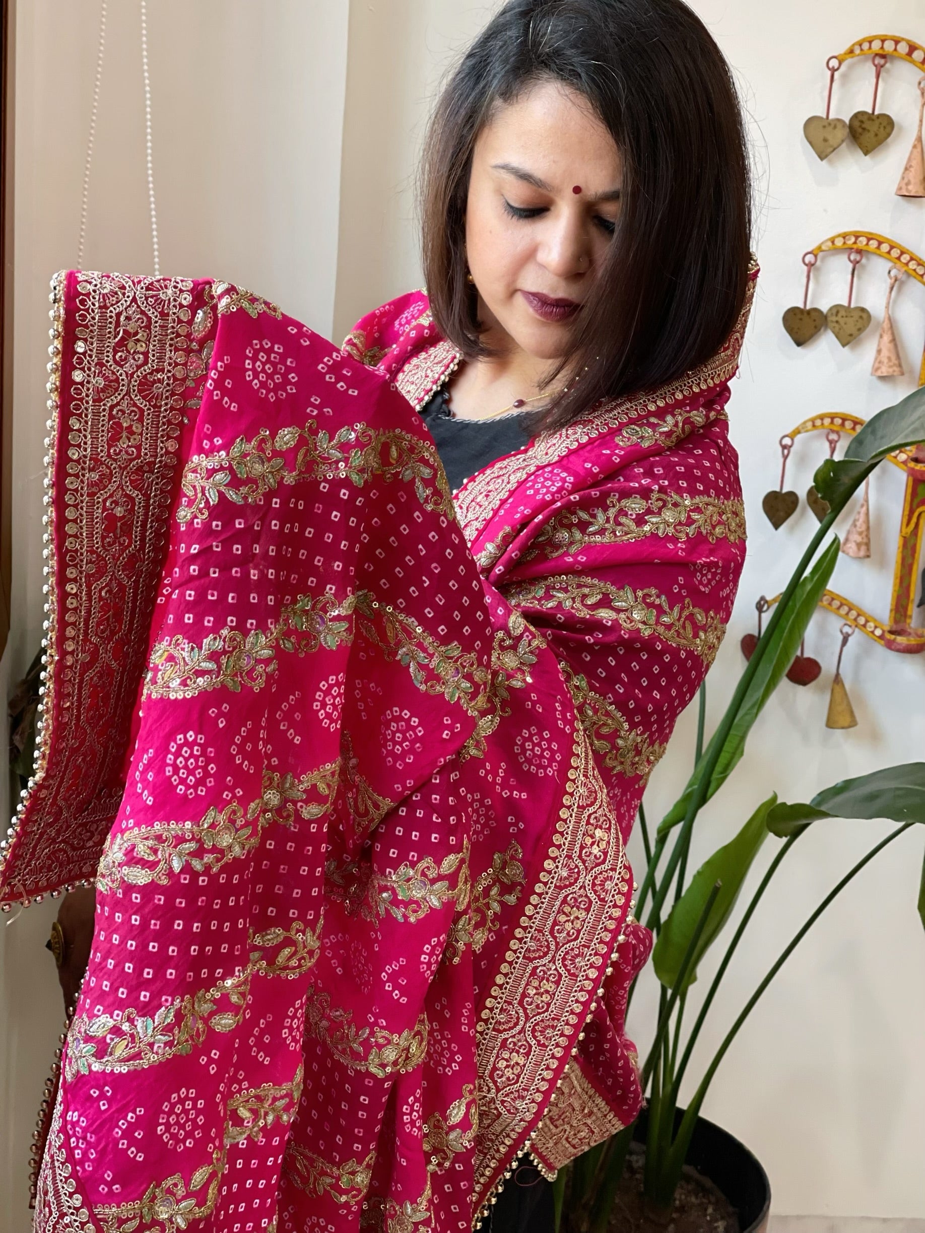 Pink Printed Bandhej Dupatta in Chinon with Gold Thread and Sequin Work - Masakalee