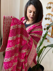 Pink Printed Bandhej Dupatta in Chinon with Gold Thread and Sequin Work - Masakalee