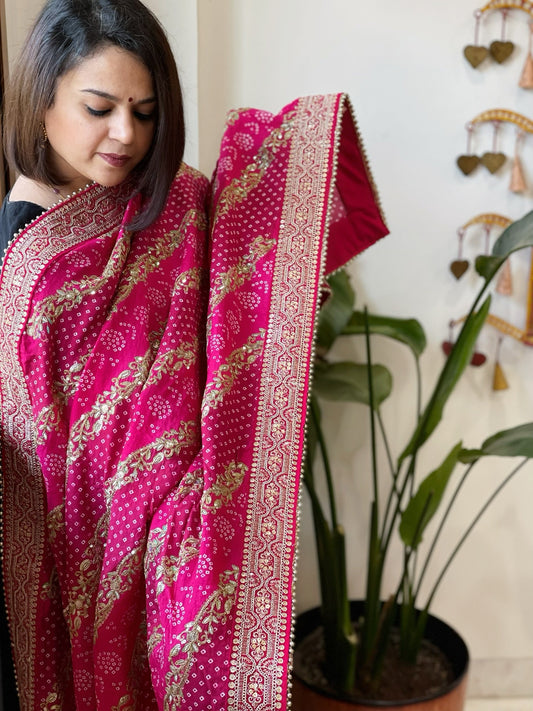 Pink Printed Bandhej Dupatta in Chinon with Gold Thread and Sequin Work - Masakalee