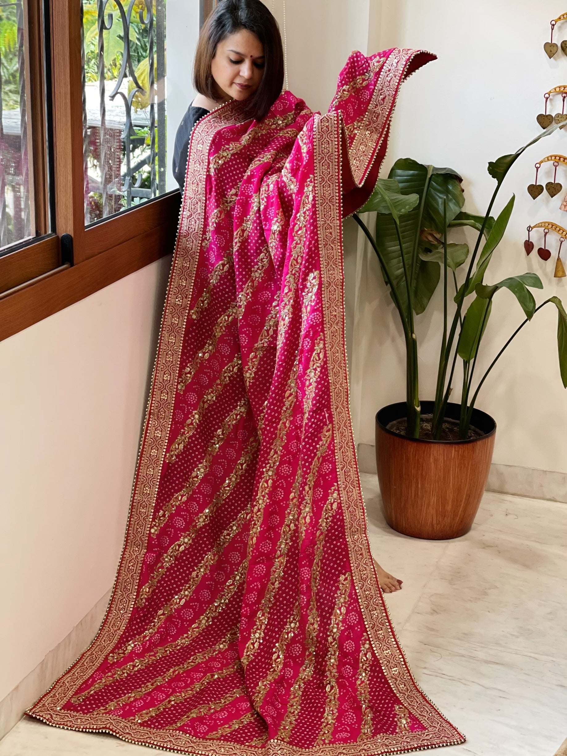 Pink Printed Bandhej Dupatta in Chinon with Gold Thread and Sequin Work - Masakalee