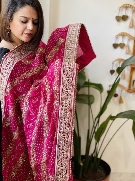 Pink Printed Bandhej Dupatta in Chinon with Gold Thread and Sequin Work - Masakalee