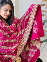 Pink Printed Bandhej Dupatta in Chinon with Gold Thread and Sequin Work - Masakalee