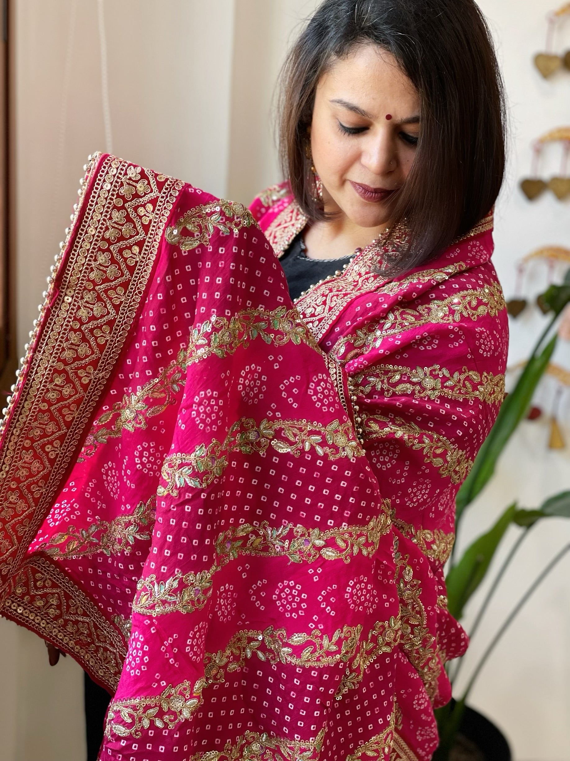 Pink Printed Bandhej Dupatta in Chinon with Gold Thread and Sequin Work - Masakalee