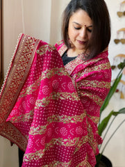 Pink Printed Bandhej Dupatta in Chinon with Gold Thread and Sequin Work - Masakalee