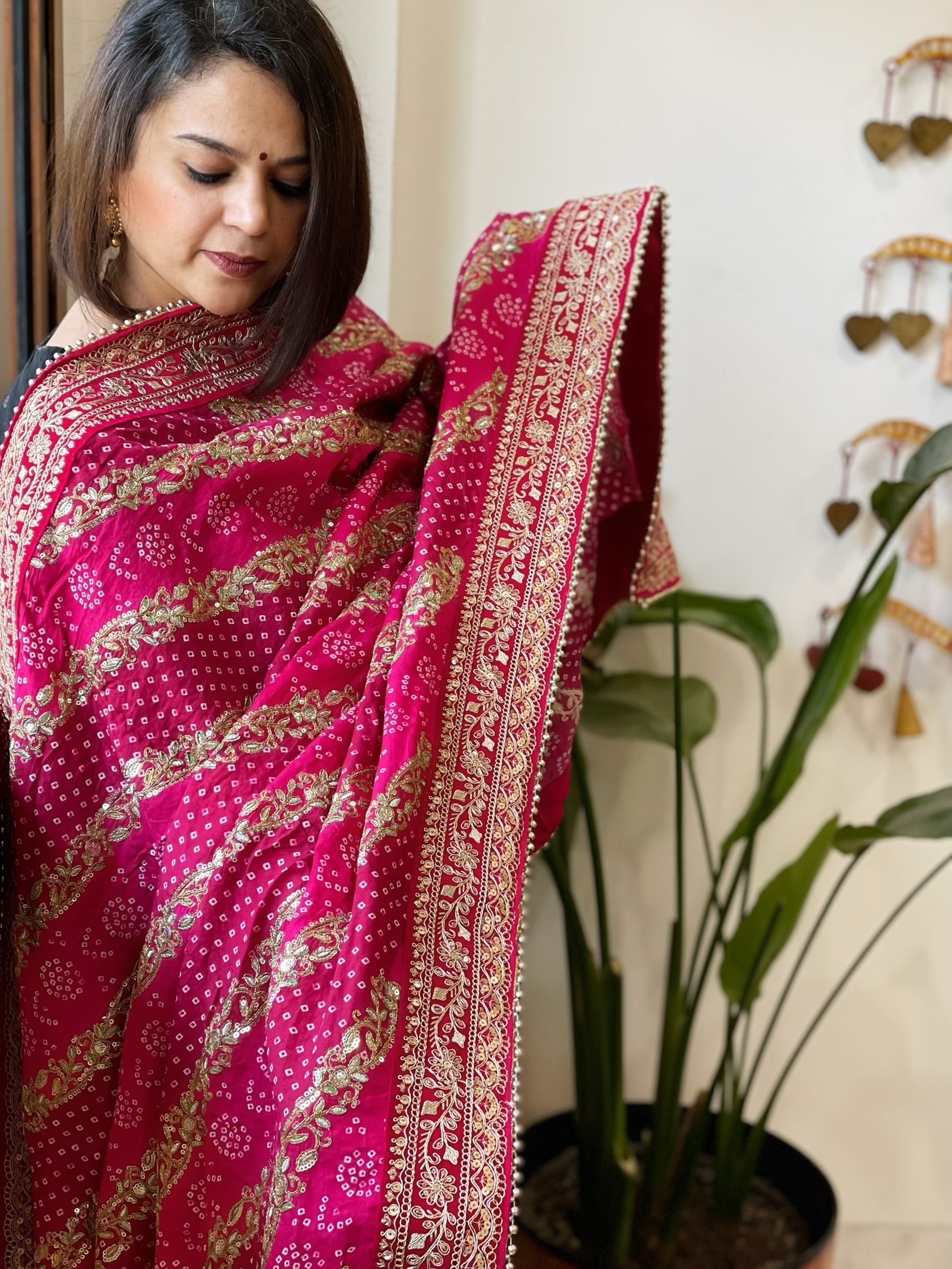 Pink Printed Bandhej Dupatta in Chinon with Gold Thread and Sequin Work - Masakalee