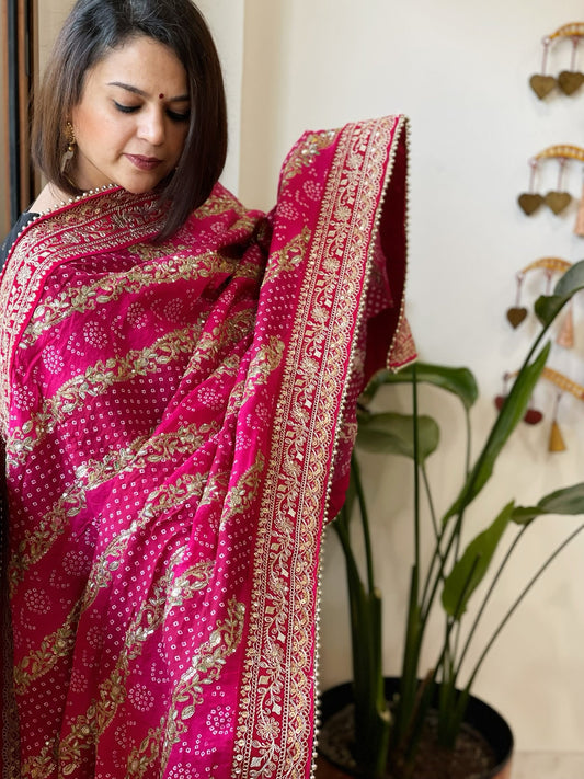 Pink Printed Bandhej Dupatta in Chinon with Gold Thread and Sequin Work - Masakalee