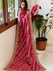 Pink Printed Bandhej Dupatta in Chinon with Gold Thread and Sequin Work - Masakalee