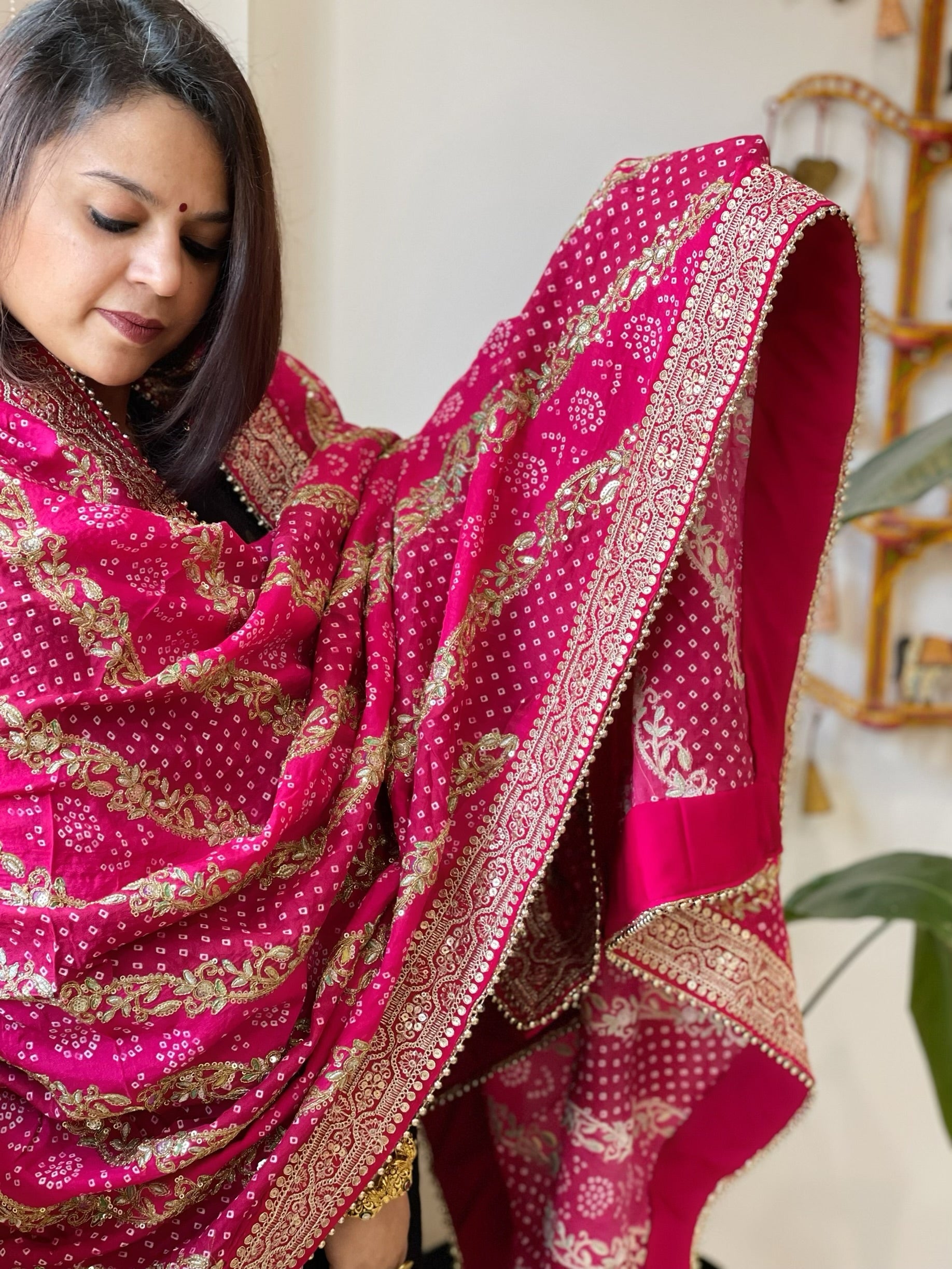 Pink Printed Bandhej Dupatta in Chinon with Gold Thread and Sequin Work - Masakalee