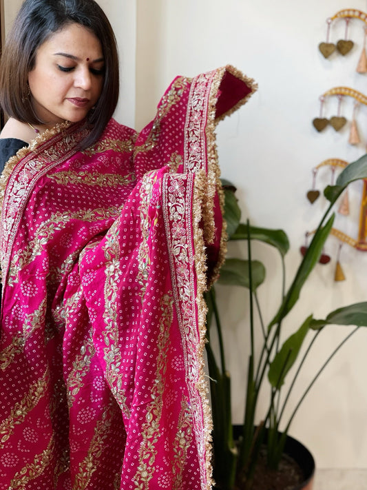 Pink Printed Bandhej Dupatta in Chinon with Gold Thread and Sequin Work - Masakalee