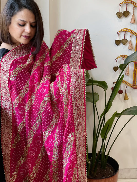 Pink Printed Bandhej Dupatta in Chinon with Gold Thread and Sequin Work - Masakalee