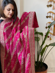 Pink Printed Bandhej Dupatta in Chinon with Gold Thread and Sequin Work - Masakalee