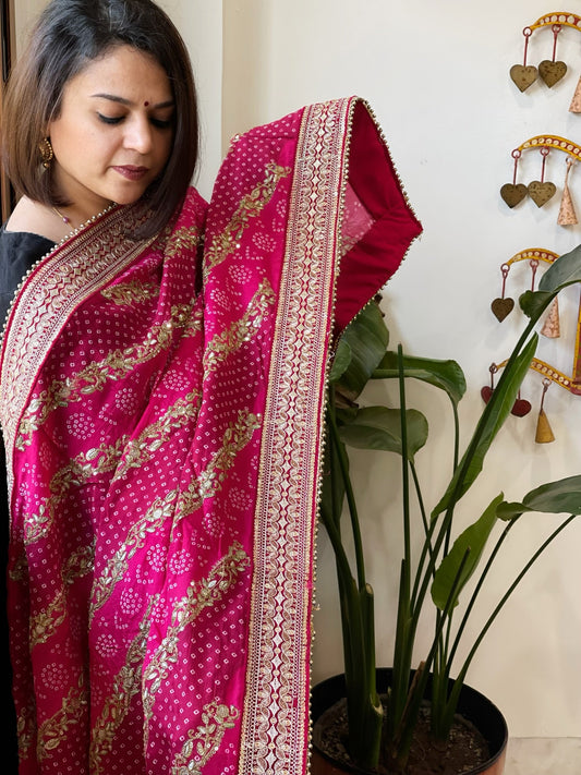 Pink Printed Bandhej Dupatta in Chinon with Gold Thread and Sequin Work - Masakalee
