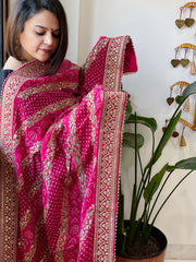 Pink Printed Bandhej Dupatta in Chinon with Gold Thread and Sequin Work - Masakalee