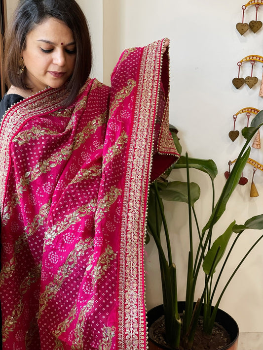 Pink Printed Bandhej Dupatta in Chinon with Gold Thread and Sequin Work - Masakalee