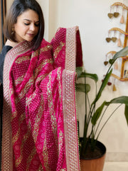 Pink Printed Bandhej Dupatta in Chinon with Gold Thread and Sequin Work - Masakalee